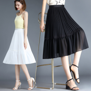 2021新款 高腰气质垂感百褶裙打底裙a字裙子 雪纺半身裙女夏中长款