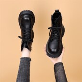 真皮厚底马丁靴女2024秋冬新款 B帅气增高机车靴爆款 中跟软底小短