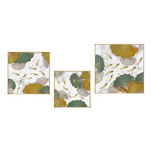 轻奢九鱼图玄幻装饰画简约餐厅招财壁画银杏叶正方形玄关柜挂画