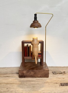 木雕小猫咪木质小夜灯家居店内装饰品桌面创意礼品奶油原木风摆件