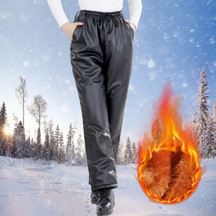 艾贝 工作裤 加绒加厚皮裤 女宽松中老年高腰骑行防风护腰护膝皮棉裤