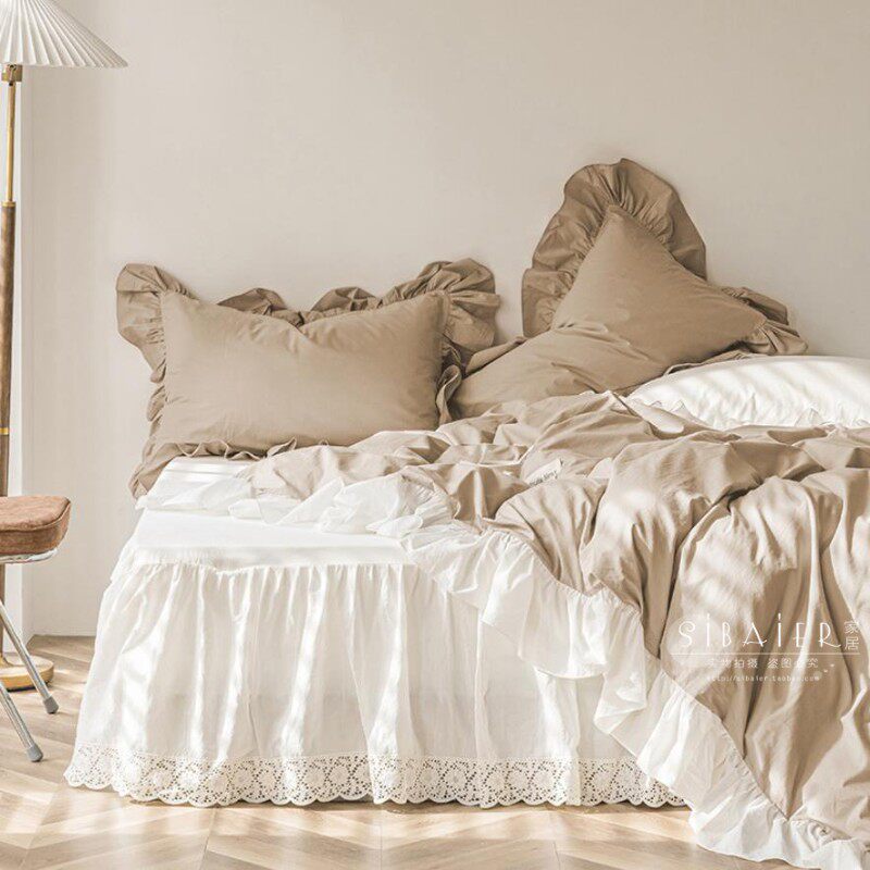 欧式韩版简约全棉纯棉蕾丝纯色床裙款床上用N品被套四件套超值回