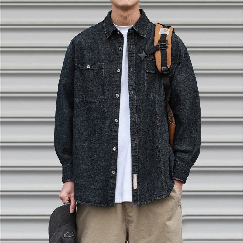 嘿马七作日系复古春秋款贴袋翻领牛仔衬衫男生休闲长袖衬衣外套潮,男装,牛仔衬衫,淘宝优惠券,粉丝福利购,淘宝优惠卷