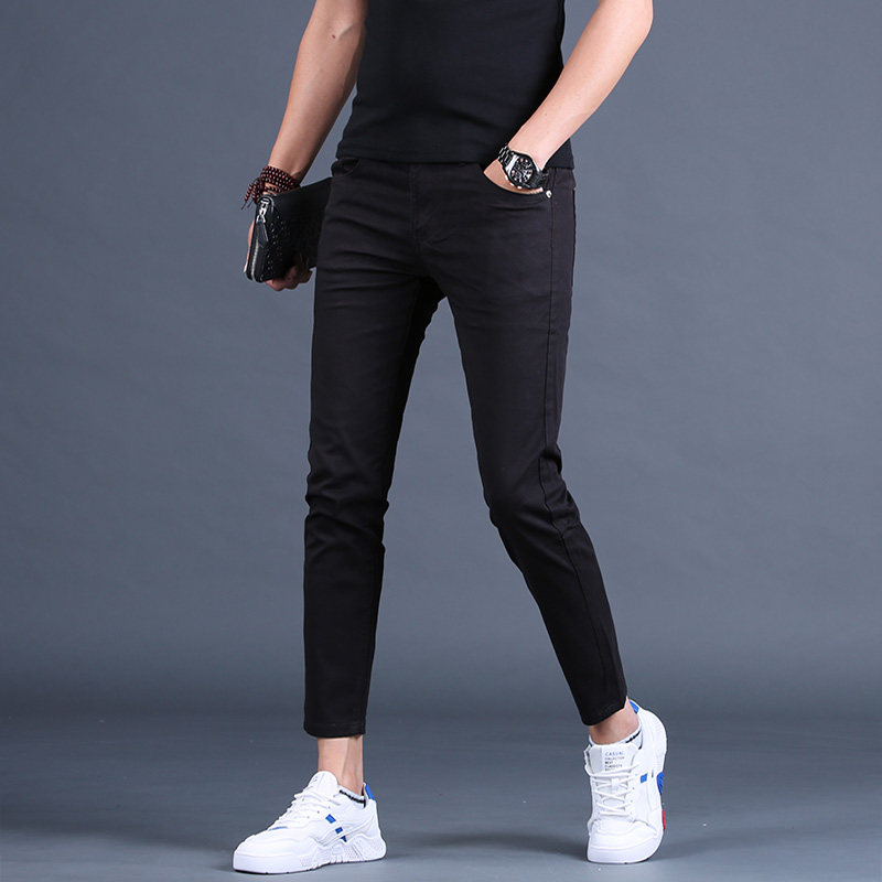 纯黑色牛仔裤男九分裤修身小脚韩版潮流收腿9分休闲裤夏季裤子男