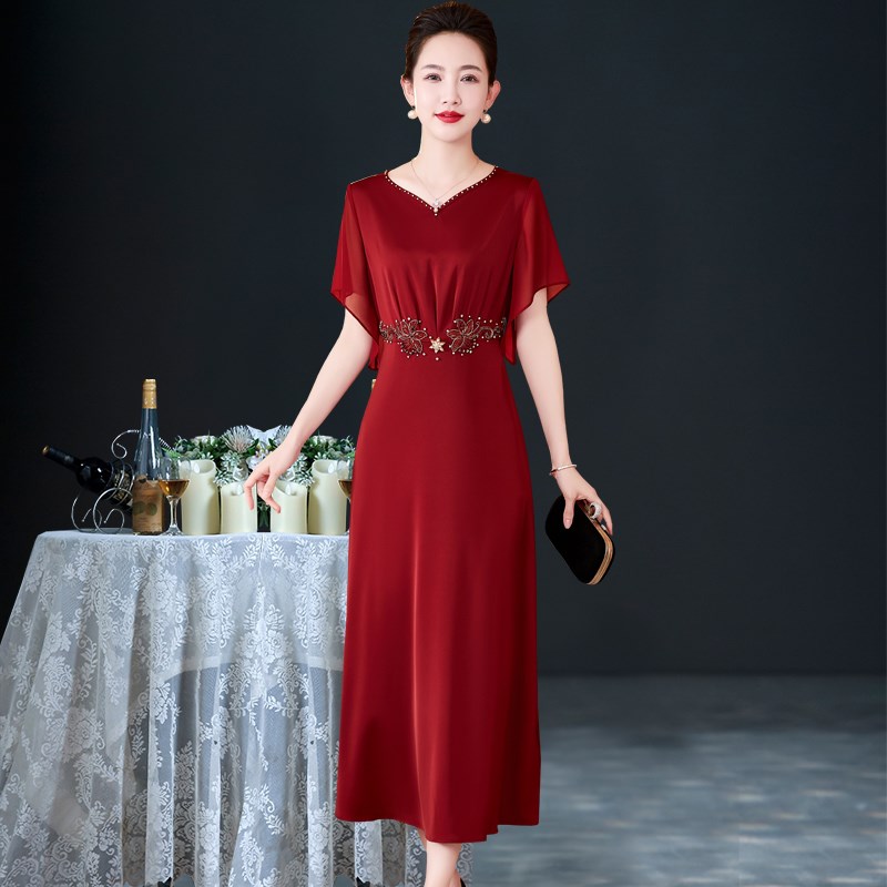 高端喜婆婆婚宴装敬酒服中长款夏季短袖连衣裙薄婚礼妈妈礼服裙子