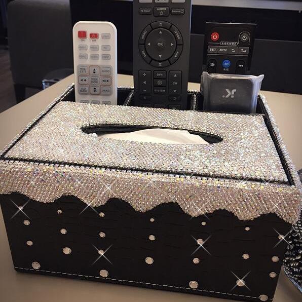 轻奢皮质镶钻贴钻纸巾盒欧式创意多功能办公家用纸抽盒收纳套装