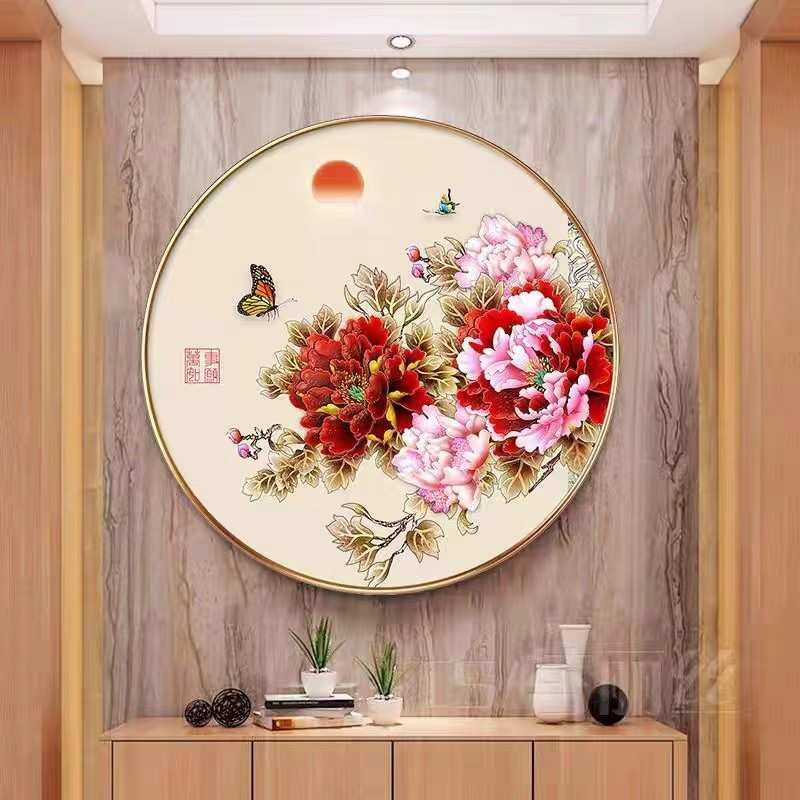 人工十字绣成品纯手工花开富贵牡丹新款客厅玄关圆形挂画带框装裱