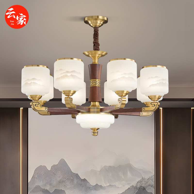 新中式铜+黑胡桃木吊灯客厅灯古典复古大气餐厅卧室灯厂家灯具