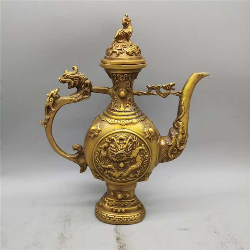 仿古纯铜双龙酒壶茶壶浮雕龙壶客厅家居装饰工艺品桌面摆件