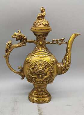 仿古纯铜双龙酒壶茶壶浮雕龙壶客厅家居装饰工艺品桌面摆件