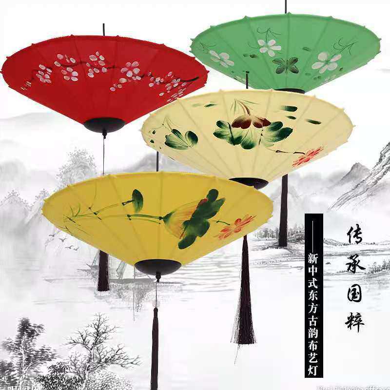 新款中式手绘古典吊灯火锅店布艺飞碟灯笼茶楼餐厅中国风创意灯具