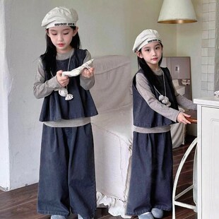 女童秋季牛仔套装童装新款洋气女孩裤子背心打底衫三件套儿童潮牌