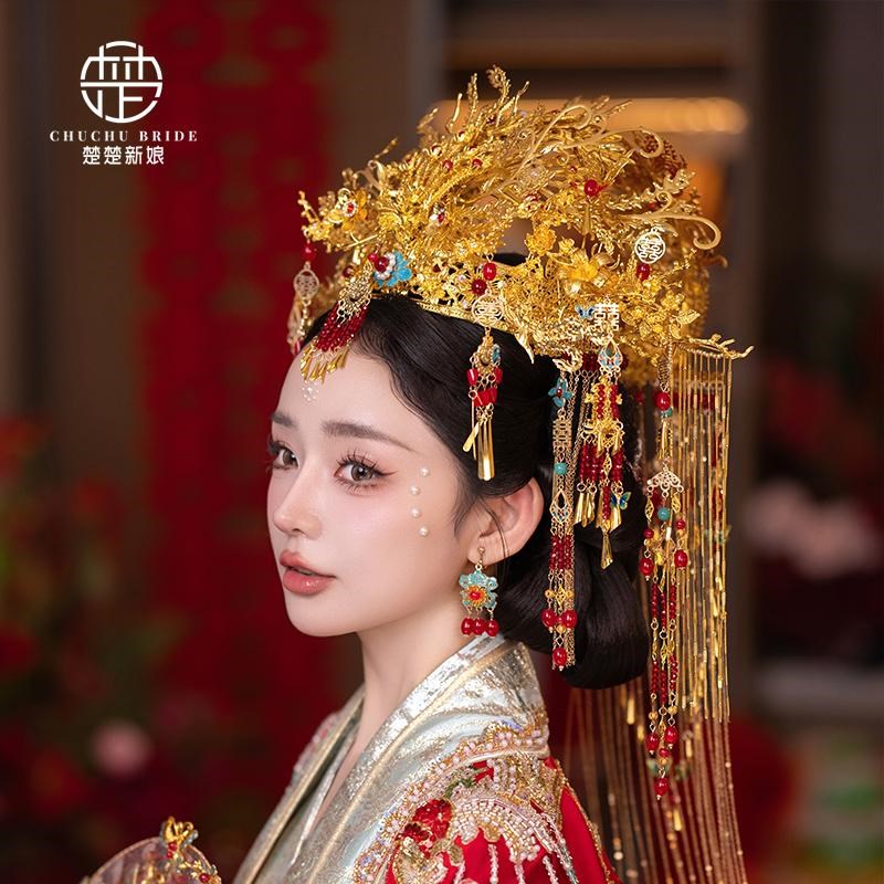 中式婚礼头饰大凤冠龙凤褂汉服发饰红金色流苏整冠明制婚服显脸小
