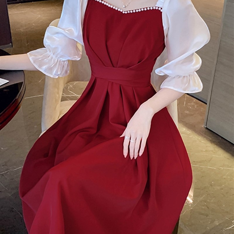 赫本风敬酒晚礼服2024新款气质方领小个子平时可穿法式复古连衣裙