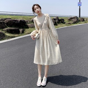 甜美小清新雪纺碎花连衣裙2024新款秋季泡泡袖气质长袖a字裙子女