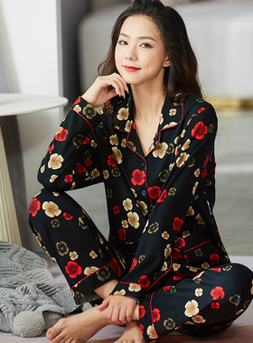 2021年新款睡衣女纯棉长袖春秋C款碎花夏季薄款黑色全棉家居服套