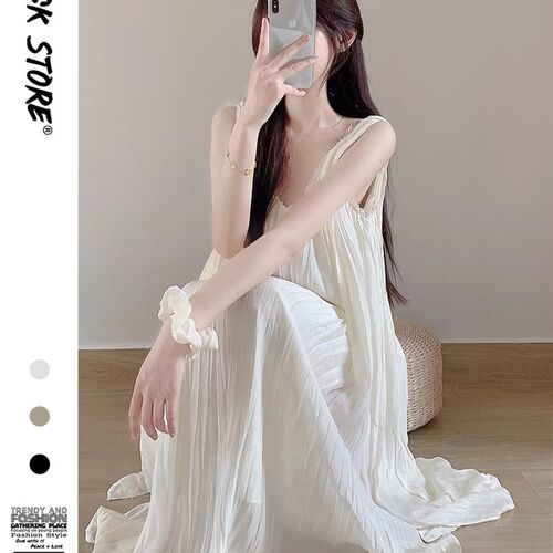 法式度假风纯欲吊带小白裙睡衣女夏季新款VM领长裙子居家睡裙外穿