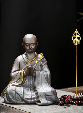 禅意精品紫砂小和尚创意手工陶瓷小沙弥人物中式客厅玄关装饰摆件