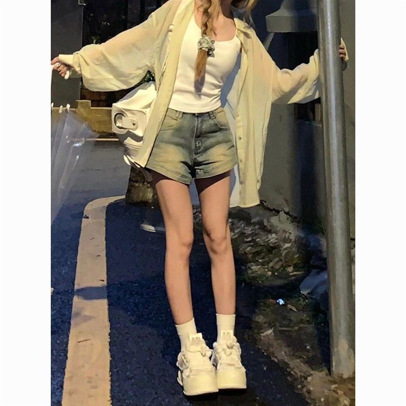 女大童装弹力牛仔短裤夏季高腰裤子A字热裤初中学生少女孩13岁15