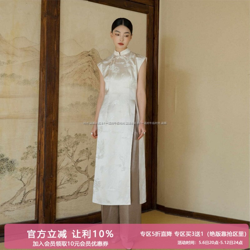 新中式上衣盘扣衬衫仿醋酸复古长袖衫2461国风白色暗纹改良旗袍裙