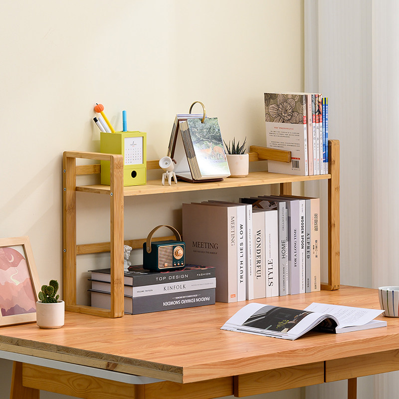 桌面书架置物架二层简约实木宿舍可拆卸桌面立式书架学生书柜