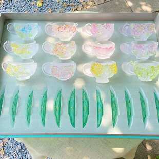 东魅十二花神咖啡杯古法琉璃杯杯垫组合桌面摆件茶室桌面摆件饰品