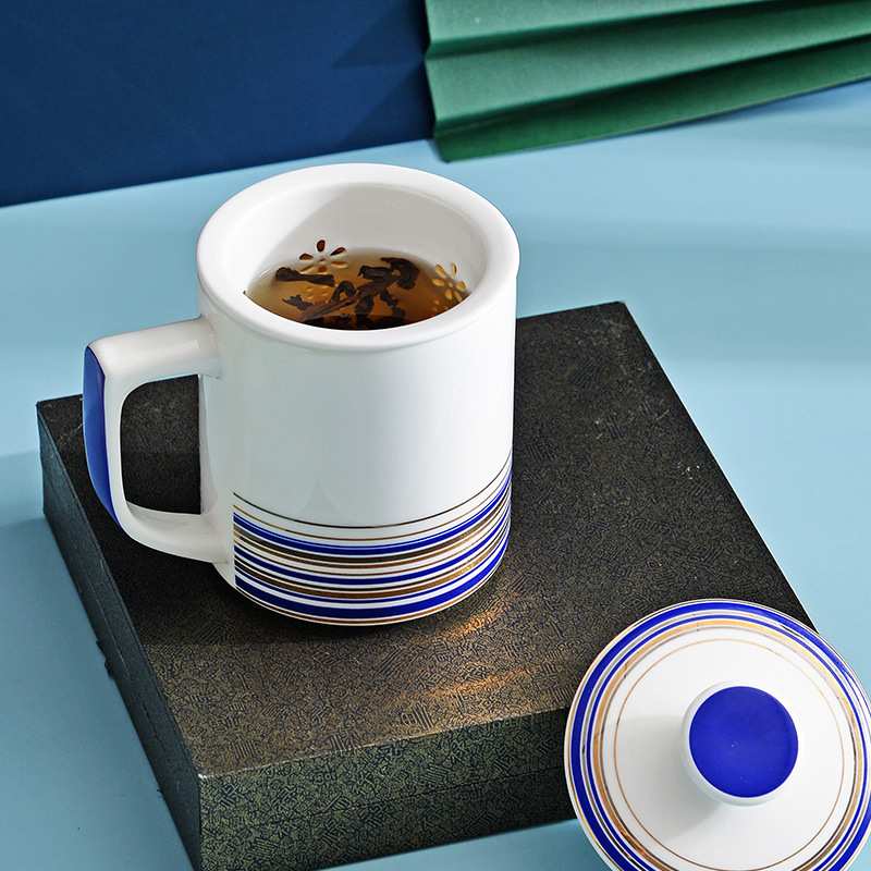 家用办公茶漏杯茶水分离骨瓷杯带茶滤带盖带把陶瓷茶漏杯送礼唐山