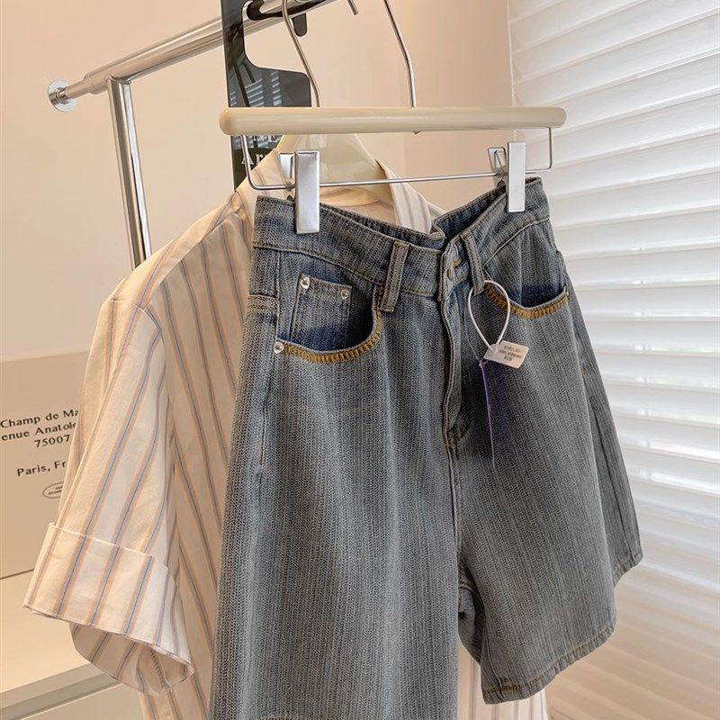 复古蓝高腰牛仔短裤女夏季大码胖mm百搭显瘦直筒中裤阔腿五分裤子
