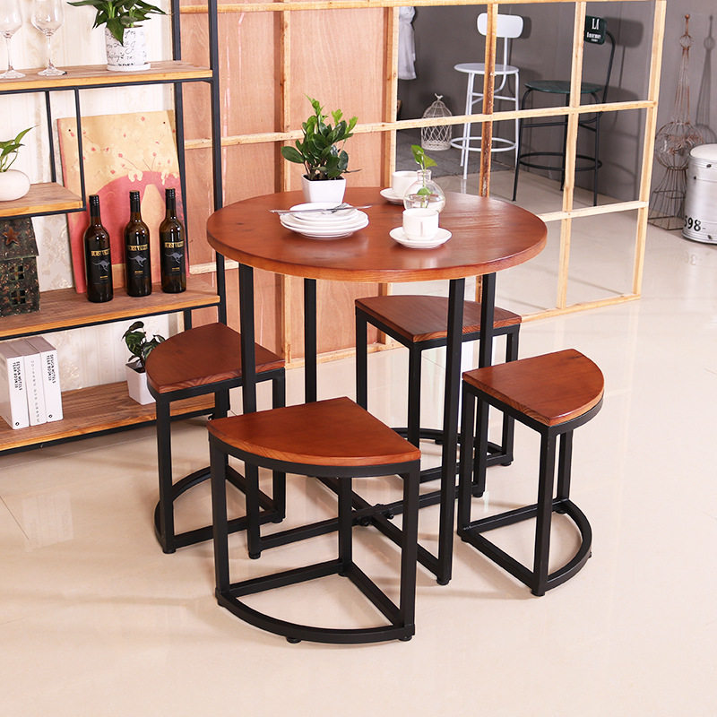 北欧铁艺美式乡村复n古实木做旧简约桌椅圆形餐桌椅组合小饭桌茶