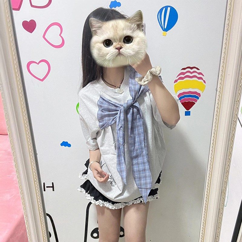 特大码女装设计感减龄格子绑带短袖t恤女胖mm韩系慵懒风半袖上衣,女装/女士精品,大码内搭,淘宝优惠券,粉丝福利购,淘宝优惠卷