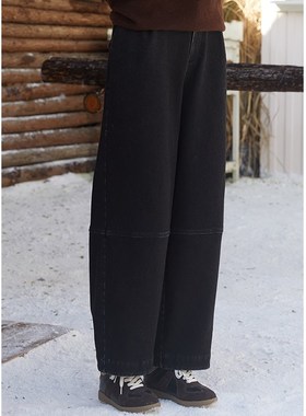 忘城N624座/黑色孤独/冬季磨毛一体绒保暖炭黑色牛仔萝卜裤女