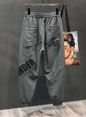 抗皱冰丝灰色男裤夏季哈伦运动裤潮薄款宽松印花速干裤子男休闲裤