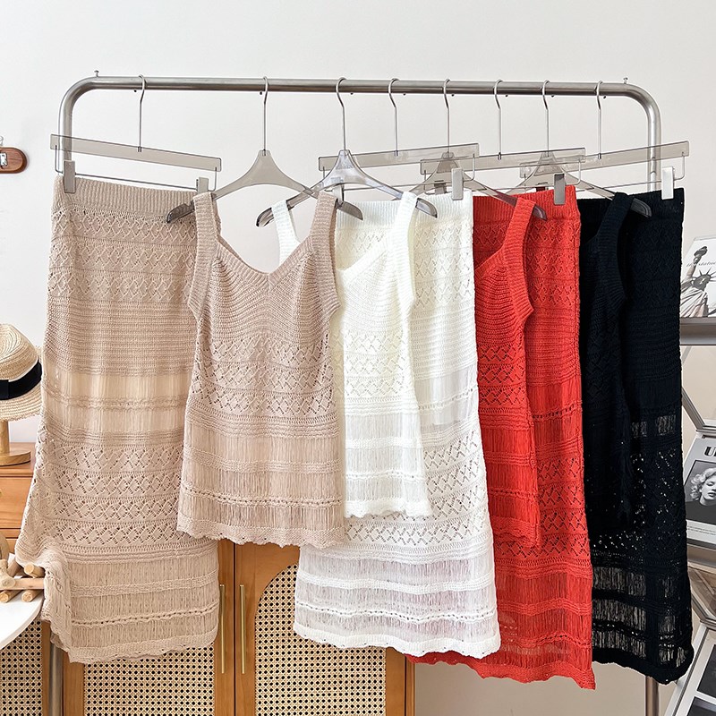 时尚镂空钩花针织吊带背心上衣+中长款半身裙两件套女夏季新款