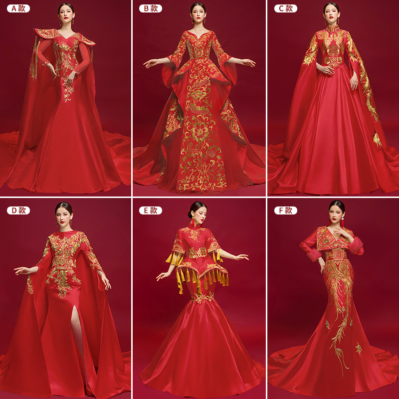 中国风成人模特旗袍秀走秀高端演出服红色拖尾主持人晚礼服女气质
