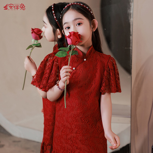 女童旗袍礼服儿童改良中国风花童小女孩红色民国风洋装大童夏季