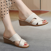 大码 真皮拖鞋 女 凉鞋 舒适坡跟软底一字凉拖鞋 女外穿2j025新款 夏季