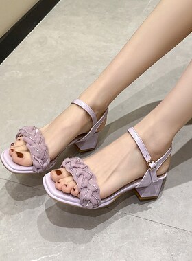 紫色夏天鞋子女鞋2024新款爆款B高跟鞋法式绝美凉鞋女款中跟配裙