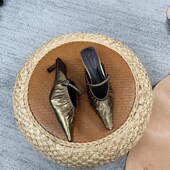 真皮细G高跟尖头一字带包头凉拖鞋 欢哥手工女鞋 2025春夏新款 外穿