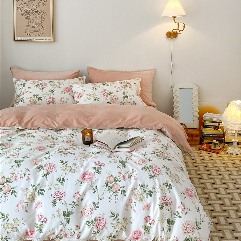 清新美式花卉纯棉+绒四件套A全棉B水晶绒被罩保暖发热床品2米被套