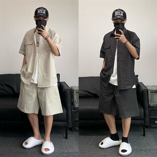 套装 男夏季 裤 复古简约纯色短袖 宽松五分工装 衬衫 休闲短裤 美式 新款