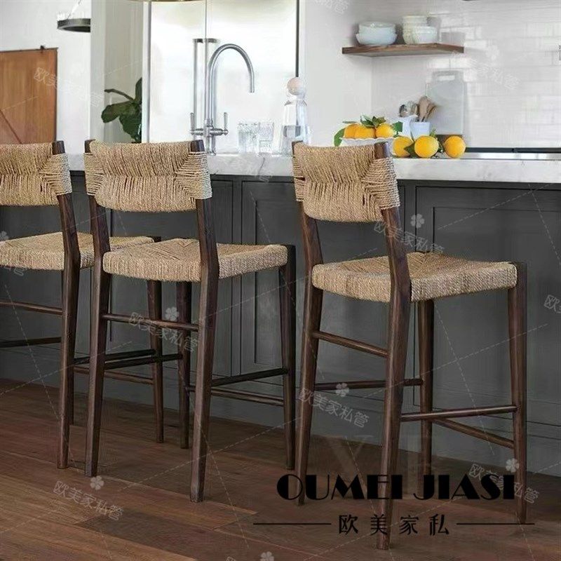 北欧实木复古绳编餐桌椅实木轻奢吧台椅现代简约家用吧台高脚凳,商业/办公家具,酒吧椅,淘宝优惠券,粉丝福利购,淘宝优惠卷