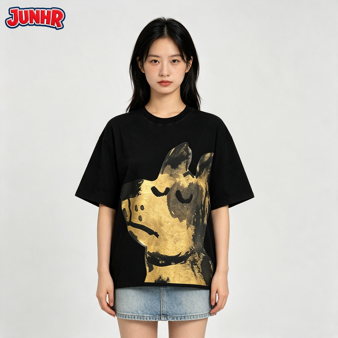 JUNGR 夏季新款艺术家手绘T恤短袖小狗趣味百搭插画趣味减龄古着