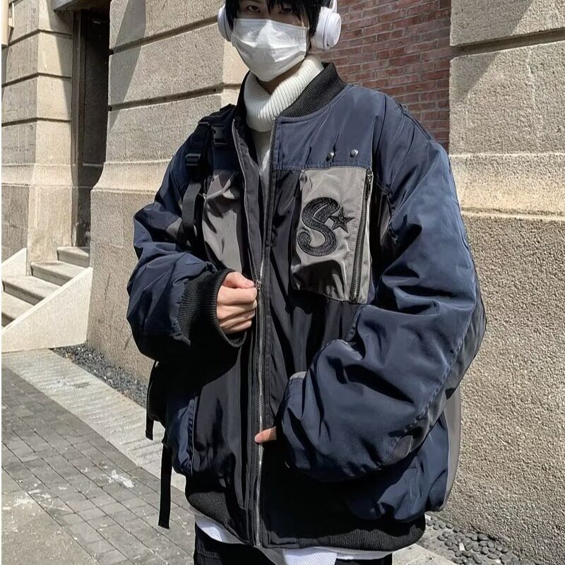 复古拼色机能风飞行夹克棉服男
