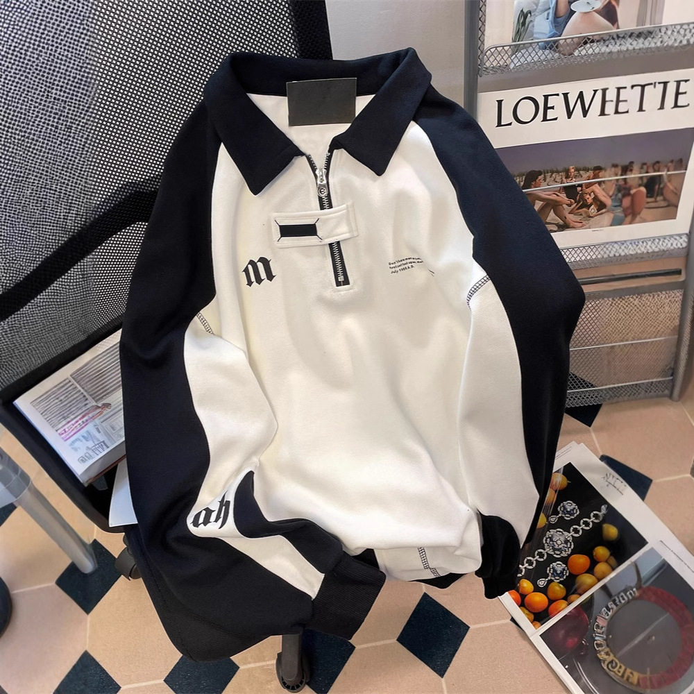 美式复古学院风半拉链polo领卫衣女感hiphop潮牌黑白撞色上衣
