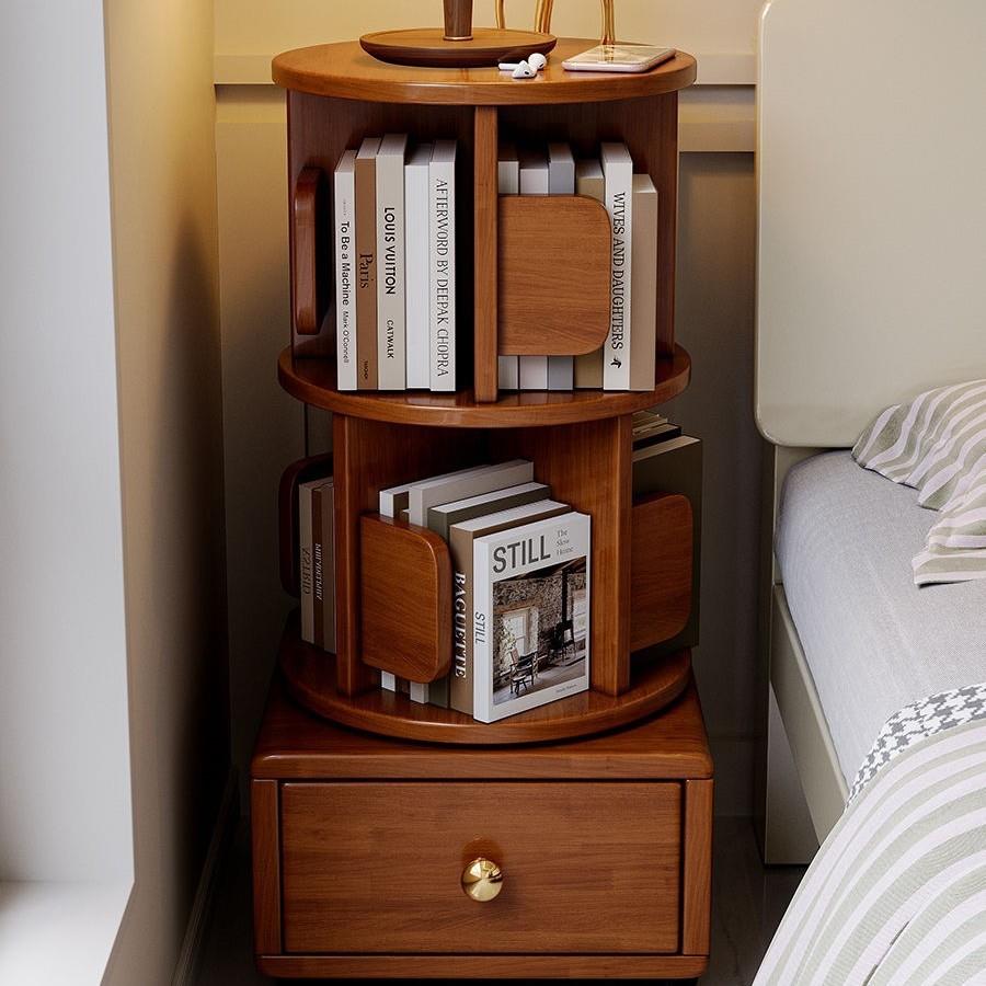 全实木旋转小书架旋转书架卧室儿童书柜简约床头柜床边收纳置物架