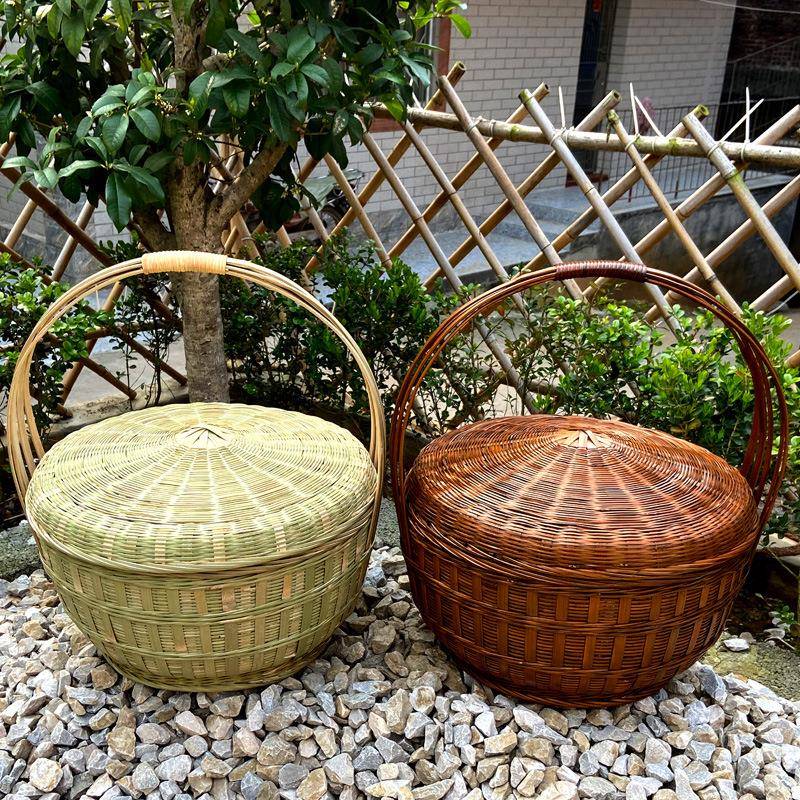 手工编织竹篮子拜拜提篮子结婚老式竹编筐鸡蛋水果收纳筐带盖