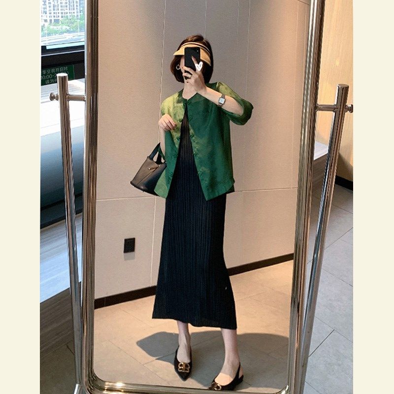 夏季新中式国风套装高端精致高级感薄荷曼波风绿色盘扣马甲连衣裙