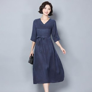 连衣裙夏装 短袖 宽松显瘦遮肚长裙子收腰七分袖 重磅真铜氨丝妈妈装