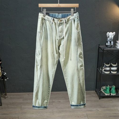 街头潮牌春夏季薄款拼接结构软牛仔裤男松紧腰百搭浅色宽松直筒裤