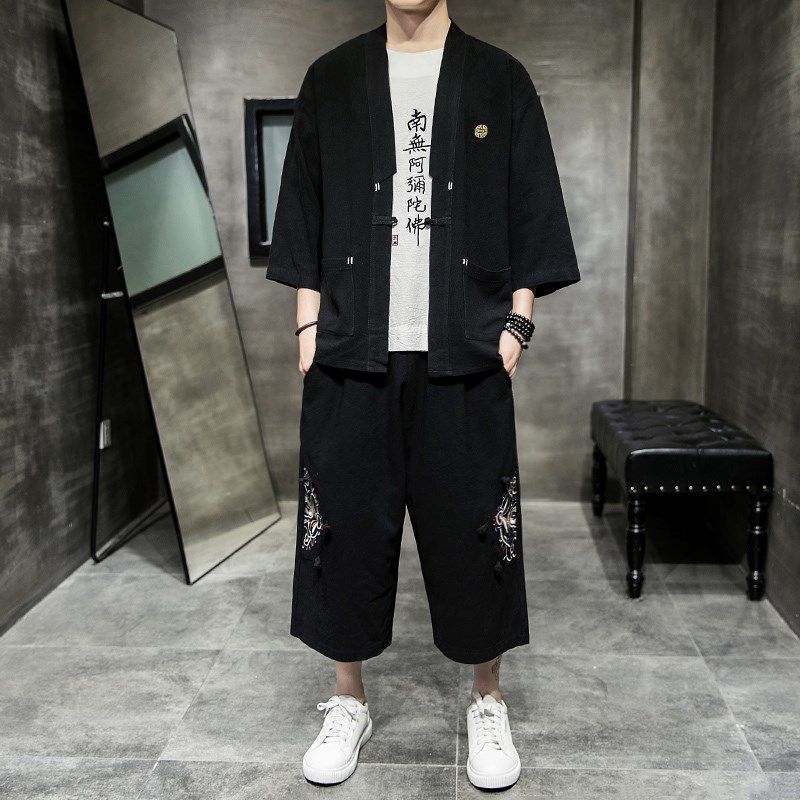汉服男夏季套装道袍中国风一套薄亚麻外套开衫唐装潮牌复古两件套